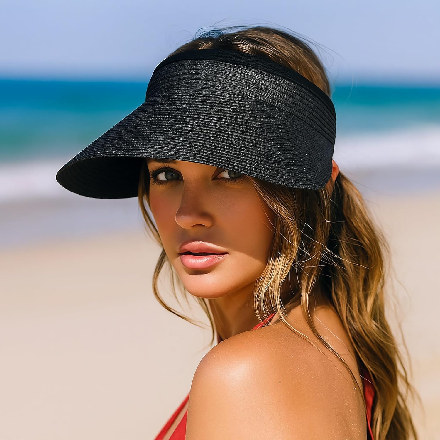 Womens Sun Visor Hat Straw Visors for Women Wide Brim Visor for Women UPF50+ Beach Visors Hats Packable Adjustable - Image 9