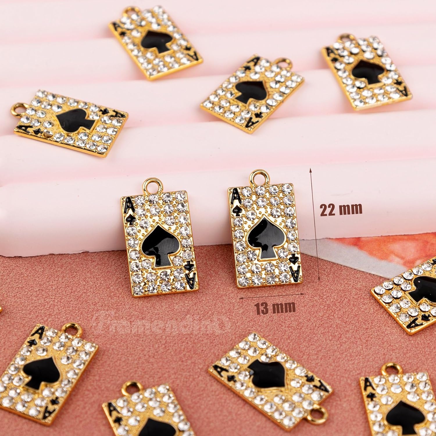 Framendino, 20 Pack Rhinestone Metal Enamel Poker Card Pendant Charm Cute Black Peach Heart Rectangle Connector Charms Mini Playing Bead for Necklace Bracelet Earring Jewelry Making Gold - Image 2
