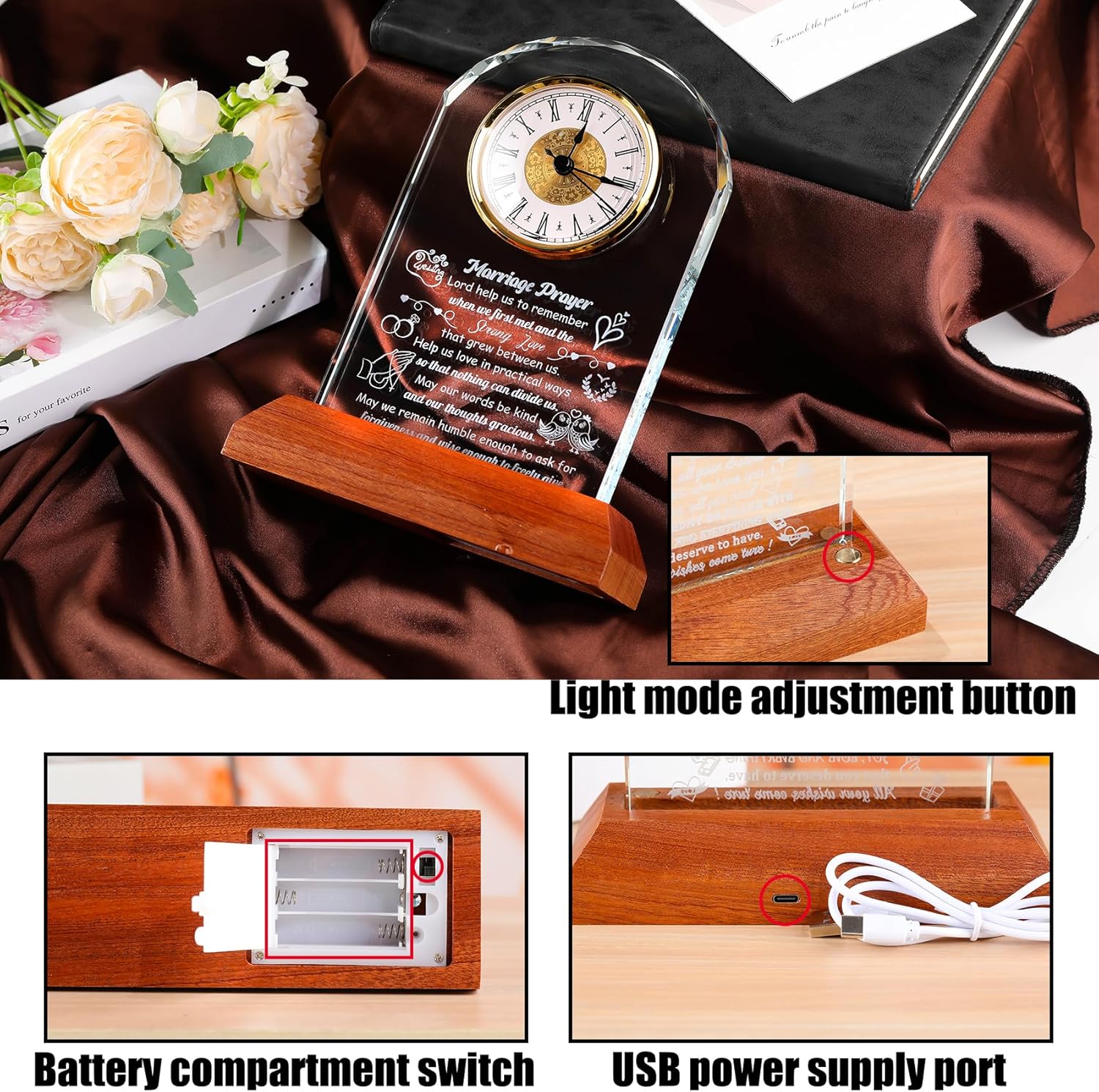 Wedding Gifts for Couples 2026 Glass Wedding Clock with Wooden Light Base Happy Anniversary Marriage Prayer Presents with Inspiring Quotes Unique Engagement Gifts for Newlyweds Couples