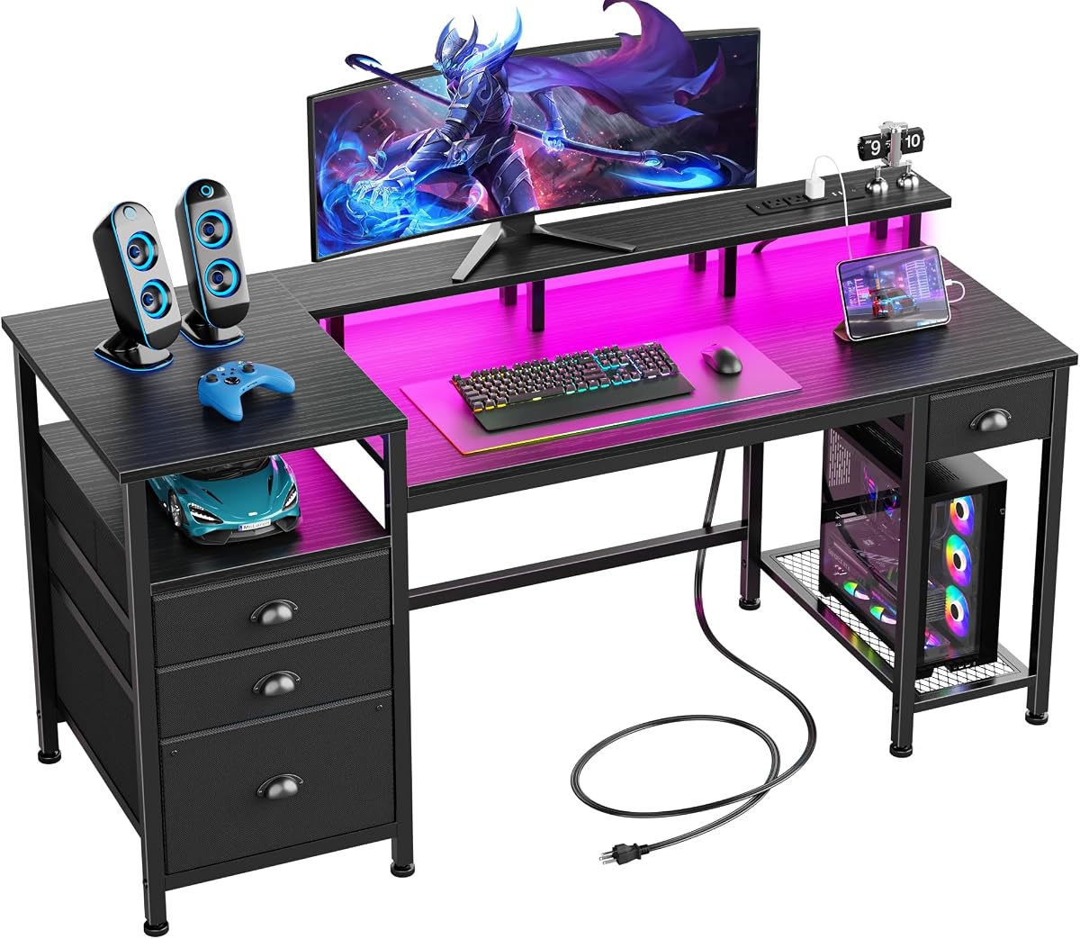 60" Black Computer Desk with 4 Drawers and Printer Space, Gaming Desk with LED Lights and USB Power Outlets, Home Office Desk with Fabric File Cabinet,Study Work Table with Shelf for Bedroom