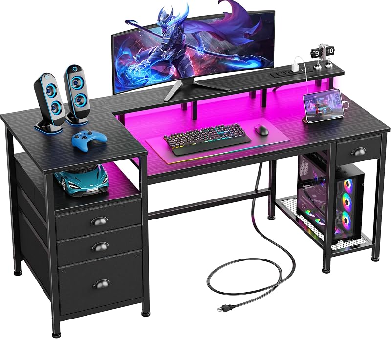60" Black Computer Desk with 4 Drawers and Printer Space, Gaming Desk with LED Lights and USB Power Outlets, Home Office Desk with Fabric File Cabinet,Study Work Table with Shelf for Bedroom