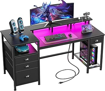 Furologee 60" Black Computer Desk with 4 Drawers and Printer Space, Gaming Desk with LED Lights and USB Power Outlets, Home Office Desk with Fabric File Cabinet,Study Work Table with Shelf for Bedroom