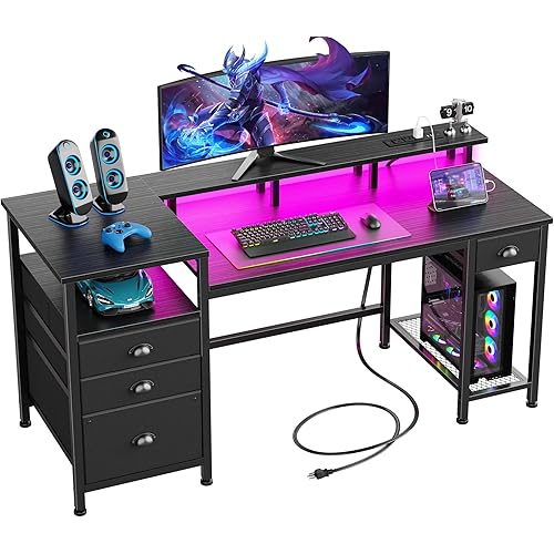 Furologee 60" Black Computer Desk with 4 Drawers and Printer Space, Gaming Desk with LED Lights and USB Power Outlets, Home Office Desk with Fabric File Cabinet,Study Work Table with Shelf for Bedroom