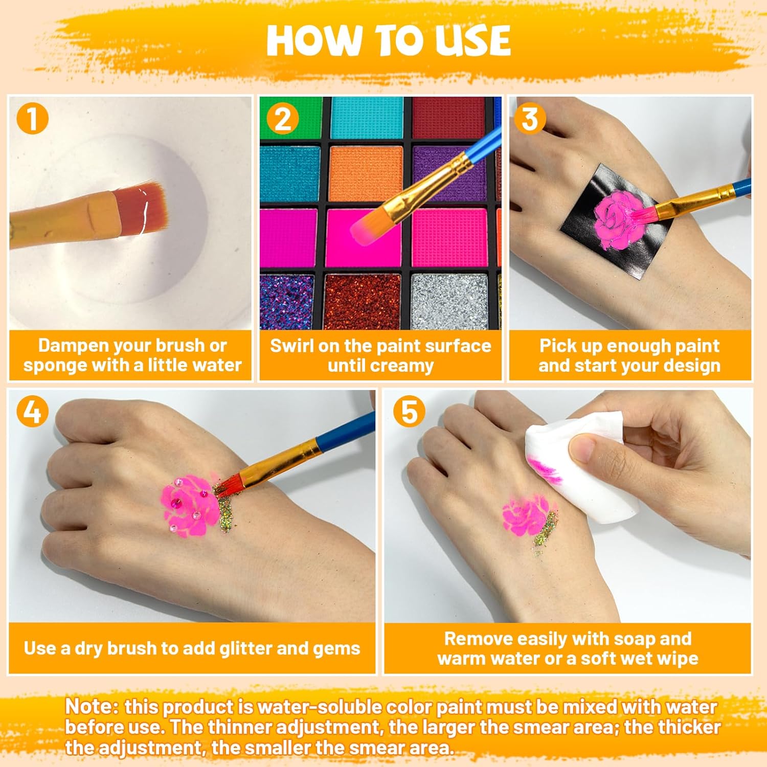 100 Colors Face Painting Kit, Non-Toxic Water Activated Face Paint Palette, Facepaint Makeup Kit with Brushes, Stencils, Gems, for Festivals, Halloween, Carnival, Birthday Parties