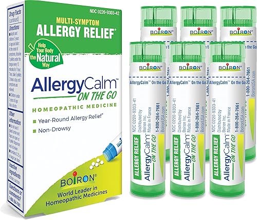 Boiron AllergyCalm On The Go (6 tubos) para aliviar la alergia y la fiebre del heno síntomas de estornudos, secreción nasal y picazón en los ojos o