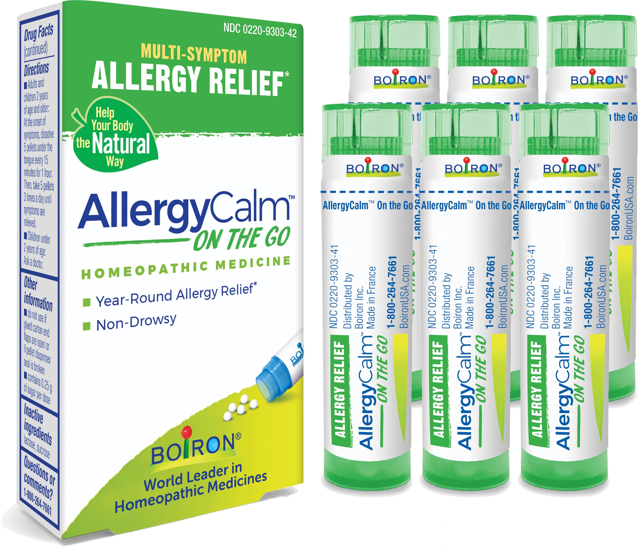 BoironAllergyCalm On The Go (6 Tubes) for Relief from Allergy and Hay Fever Symptoms of Sneezing, Runny Nose, and Itchy Eyes or Throat - 6 Green Tubes (480 Pellets)