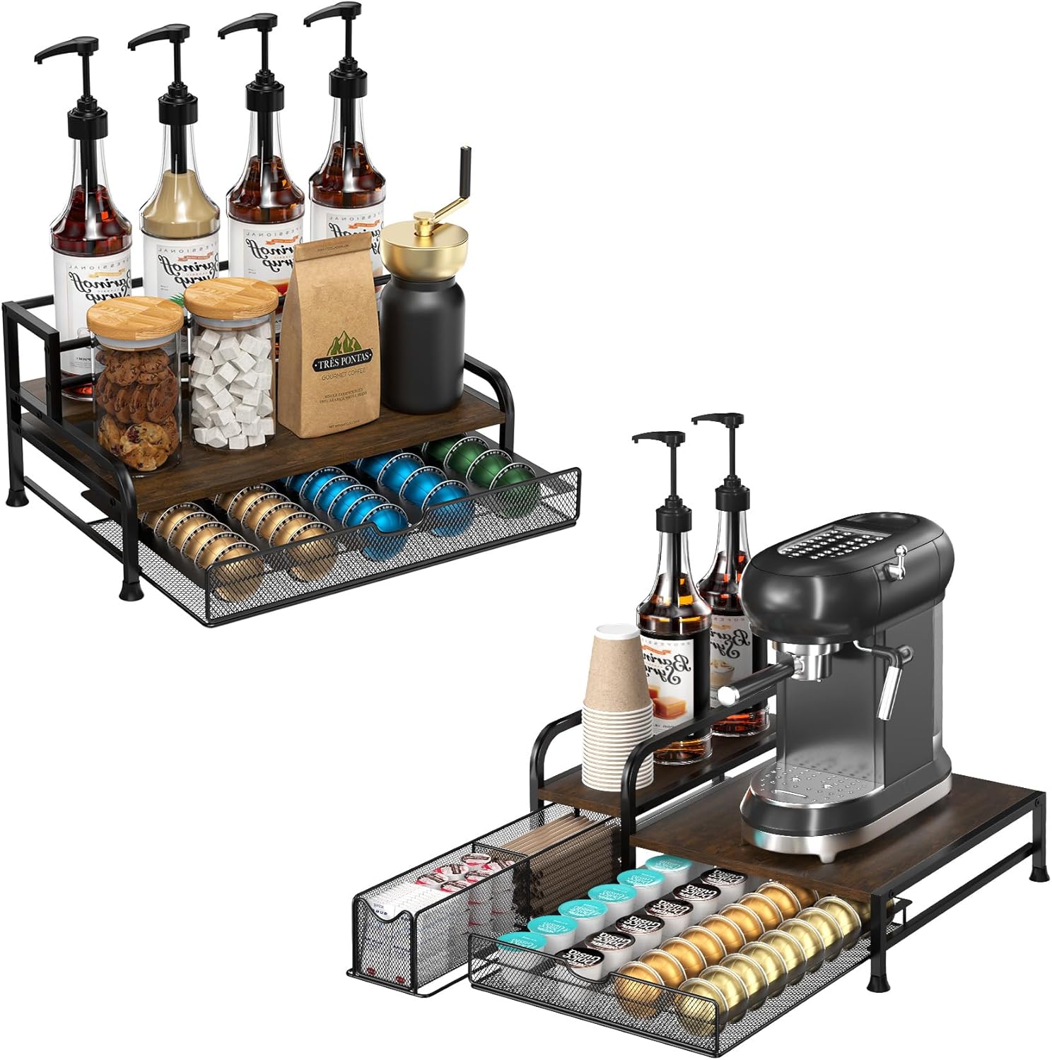 Coffee Station Organizer with Pod Holder Drawer for Coffee Bar, Countertop Bottle Holder Stand for Wine, Dressing for Kitchen Cafe Station-Black, White