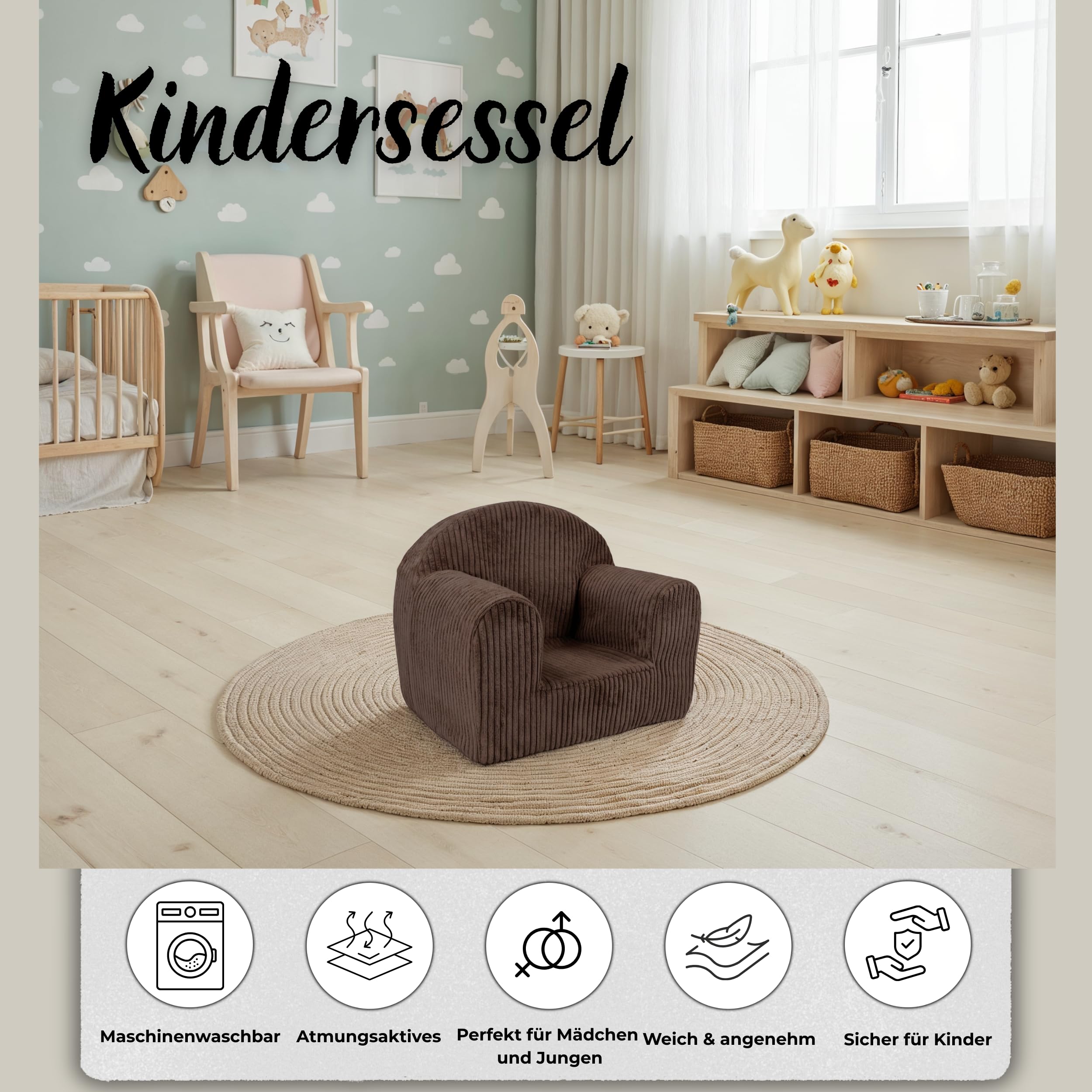 FORTISLINE Fauteuil Enfant en Velours Côtelé 40 x 33 x 39 cm – Petit Fauteuil en Mousse avec Housse Lavable – Assise pour Chambre d’Enfant – Certifié Oeko-TEX – Fabriqué dans l’UE