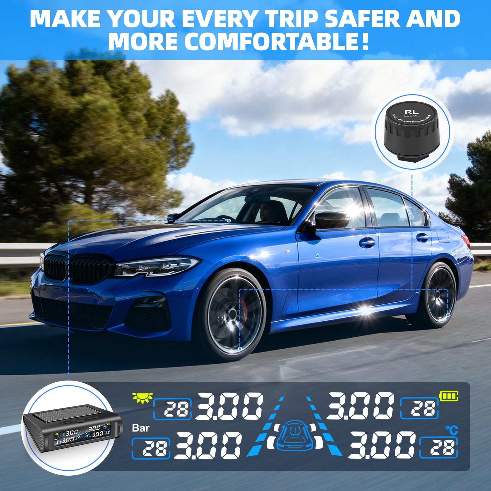 TPMS Sistema di monitoraggio della pressione dei pneumatici con traccia dinamica UL, monitor della pressione dei pneumatici solare con modalità di allarme, sensore impermeabile IPX7, 0-98 PSi