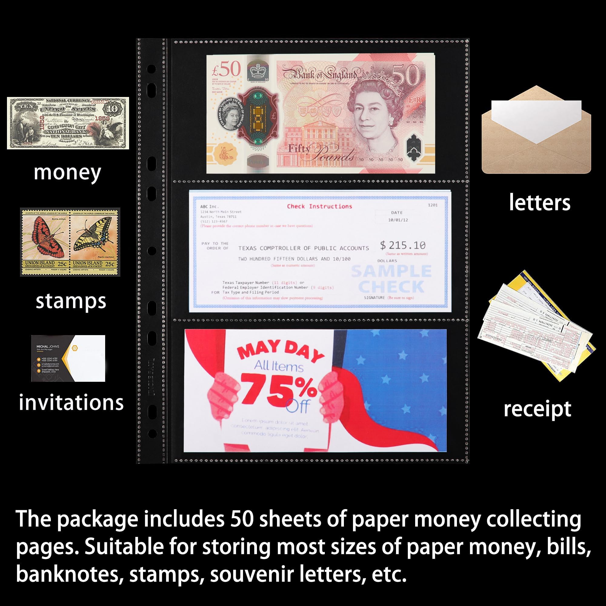 150 koszulek na strony banknotów archiwalnych – 50 arkuszy bezkwasowych etui ochronne na banknoty, znaczki pocztowe, kupony IN02050