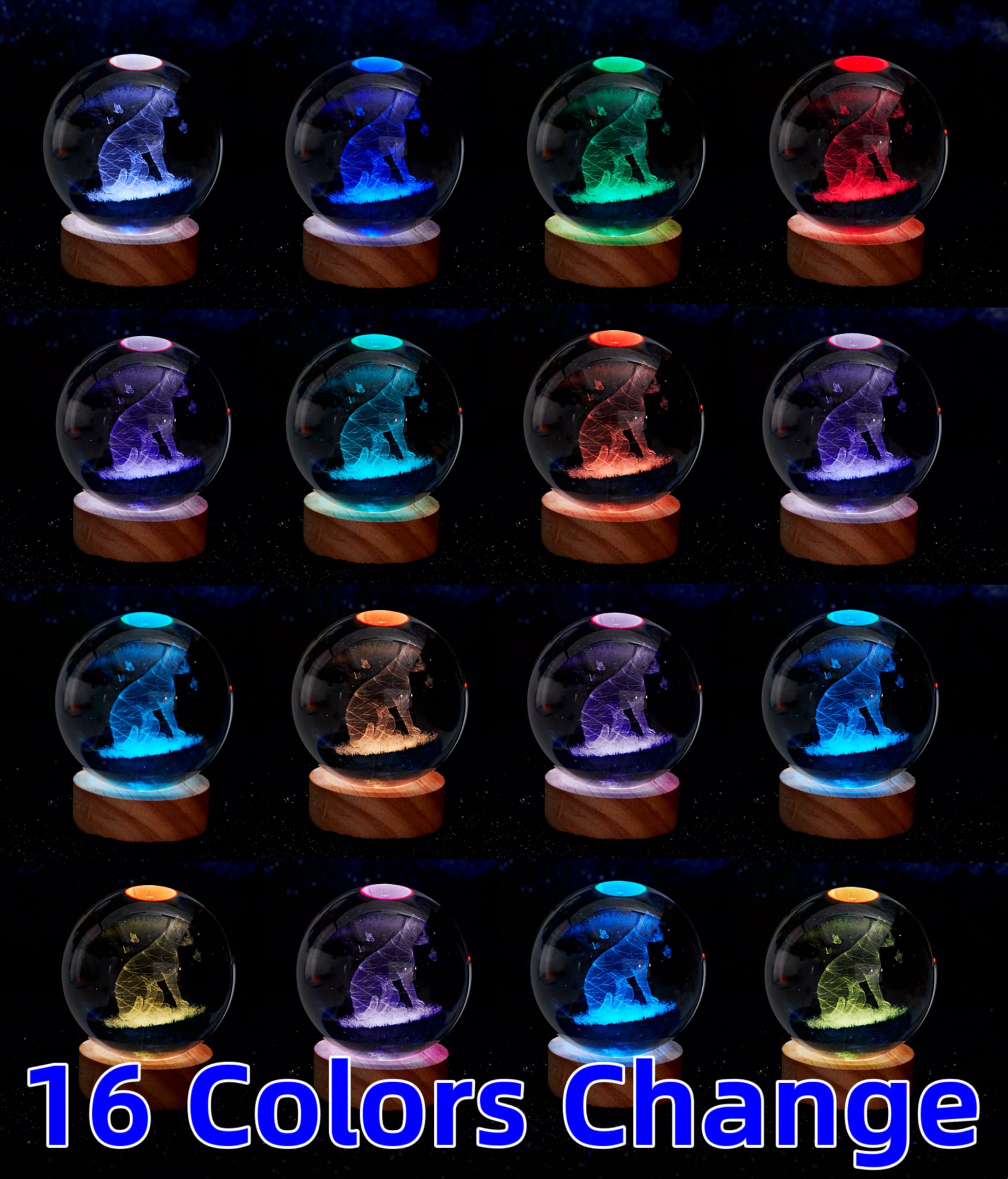 Katzen-Kristallkugel-Nachtlicht, 8,9 cm, 3D-Katzen-Kristalllampe mit LED-Holzsockel, 16 Farbwechsel mit Fernbedienung, Geschenk-Box-Verpackung, Geschenkideen für Freunde (Katze)