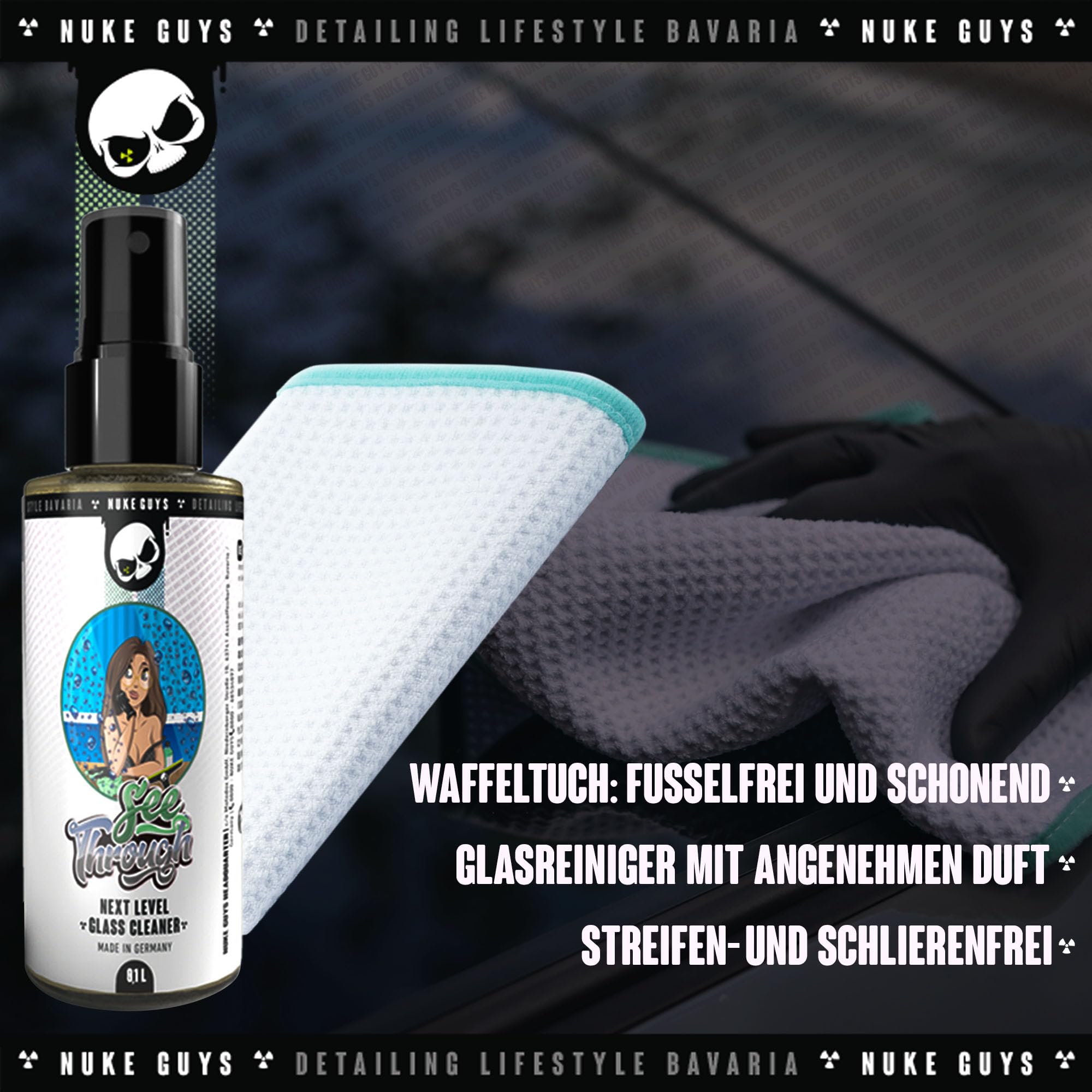 Nuke Guys Auto Reinigungsset Innenraum | Innenraumreiniger + Glasreiniger + 1x Fenstertuch + Auto Duft + Cockpit Tücher Matt + 1x Detailing Pinsel + 1x Mikrofasertuch | Autopflege Set