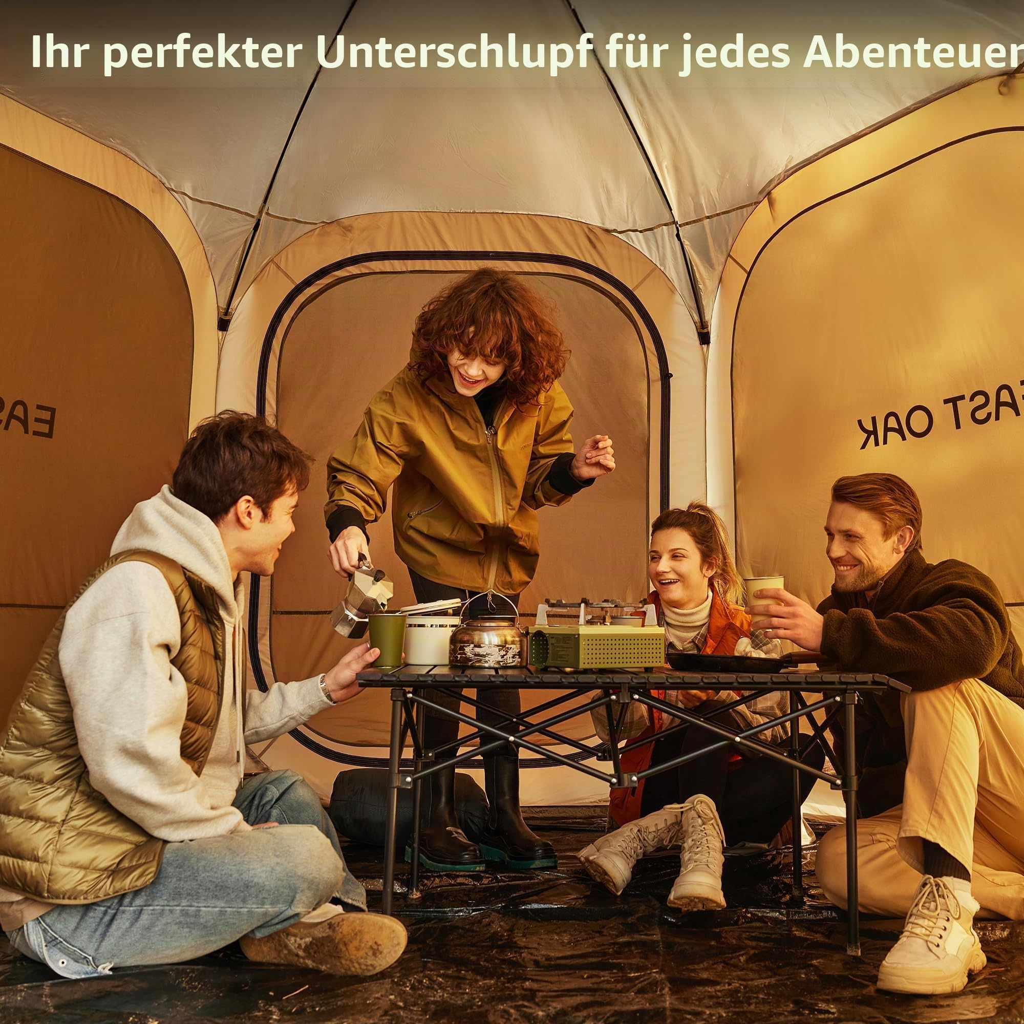 East Oak Pop-Up-Zelt mit Netz, 3,6 x 3,6 m, Outdoor-Sichtschutzhaus mit 4 Sonnenschirmen, sofortiger Überdachung mit tragbarer Tragetasche, Pavillon-Zelt für Camping, Terrasse und Strand, Beige
