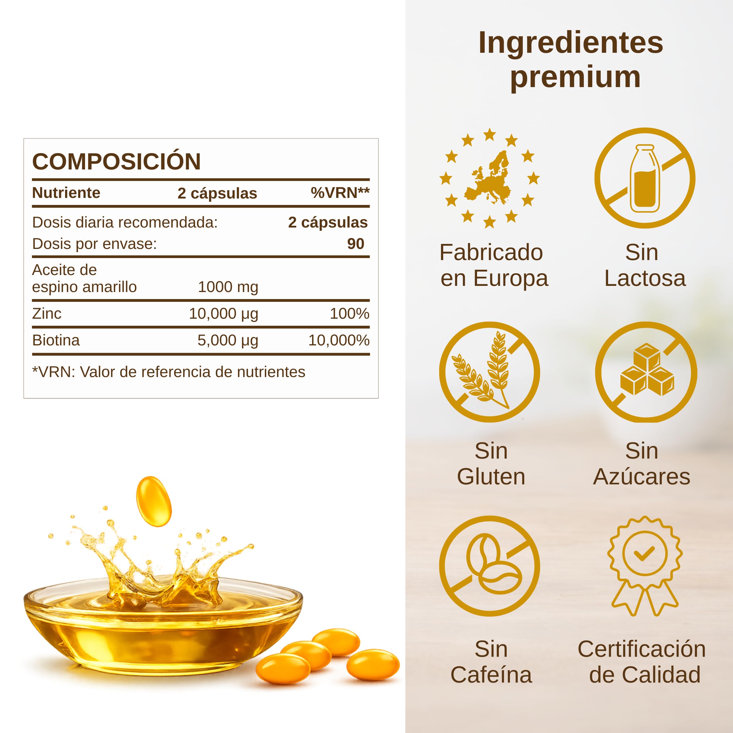Omega 7 de Espino Amarillo con Biotina - Cabello, Piel y Uñas - 180 Perlas | Cabello, piel, uñas y mucosas, aceite de espino amarillo 1000 mg, omega 7 natural, biotina 5000 mcg con zinc, vegano