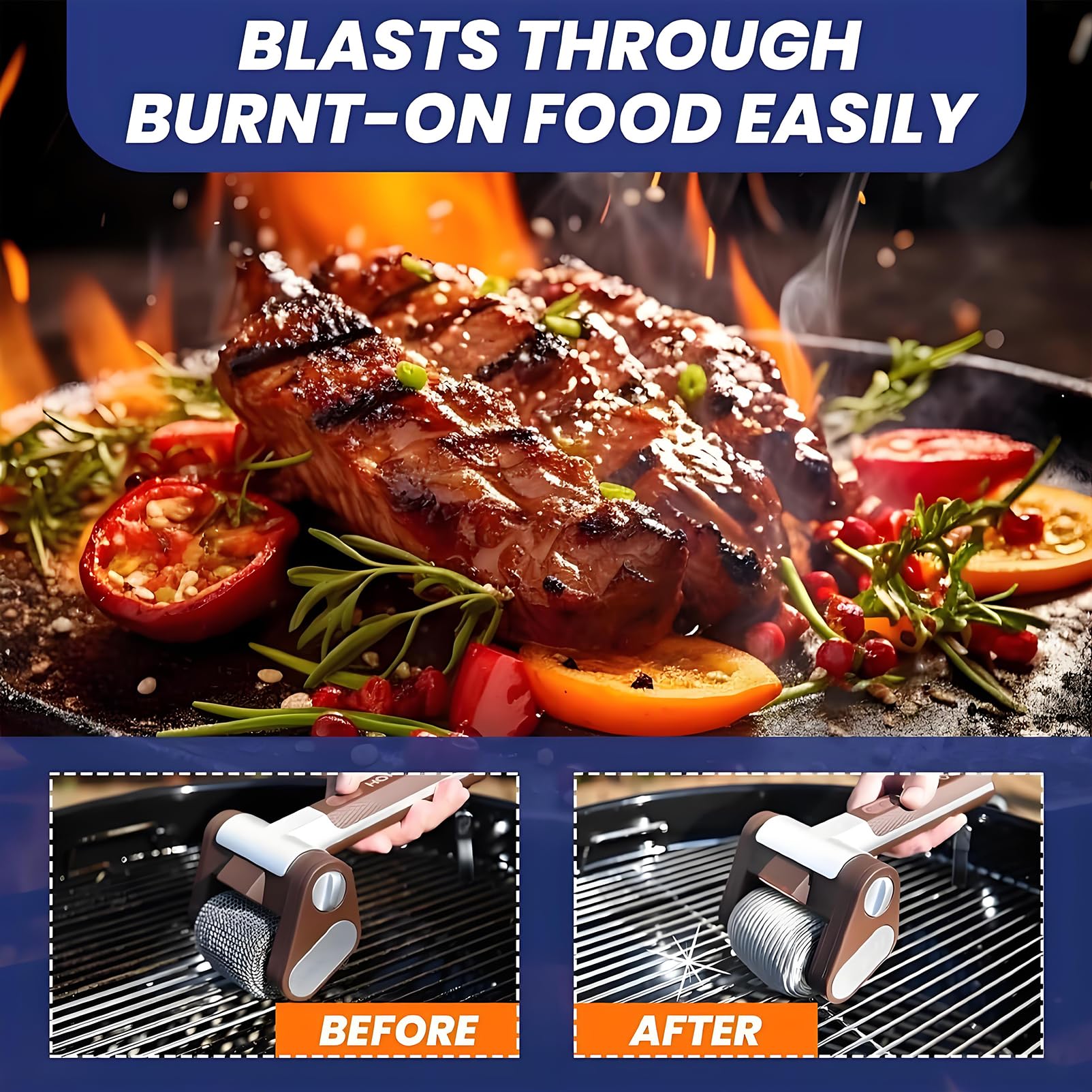 Spazzola per barbecue senza fili, ricaricabile, con rullo in acciaio inox, luce LED, testa lavabile in lavastoviglie, 350 giri/min, senza setole, strumento perfetto per barbecue