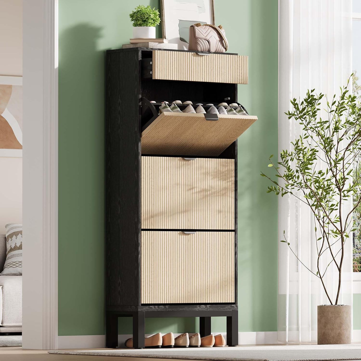 GAOMON Shoe Storage Cabinet with 3 Flip Drawers & 1 Storage Drawer, 24'' W Narrow Shoe Cabinet with Adjustable Shelf for Entryway,Freestanding Modern Wood Shoes Organizer for Hallway,Black Oak