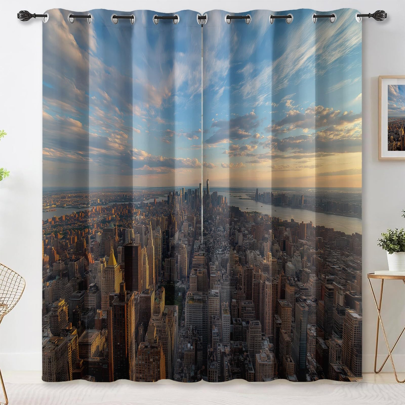 Zasłony miejskie, nowoczesne, nieprzejrzyste zasłony z oczkami, zasłony termiczne, niebieskie, Empire State Building Skyline, zasłony zaciemniające, zestaw 2 sztuk, wys. 200 x szer. 70 cm, zasłony do