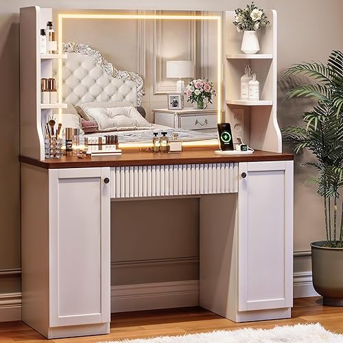 Makeup Vanity Desk with Mirror and Lights, Makeup Vanity Table with Power Outlet, Dressing Table with Storage, Adjustable Shelves, Touch Control – Elegant Retro Design, White Vanity Desk with Lights