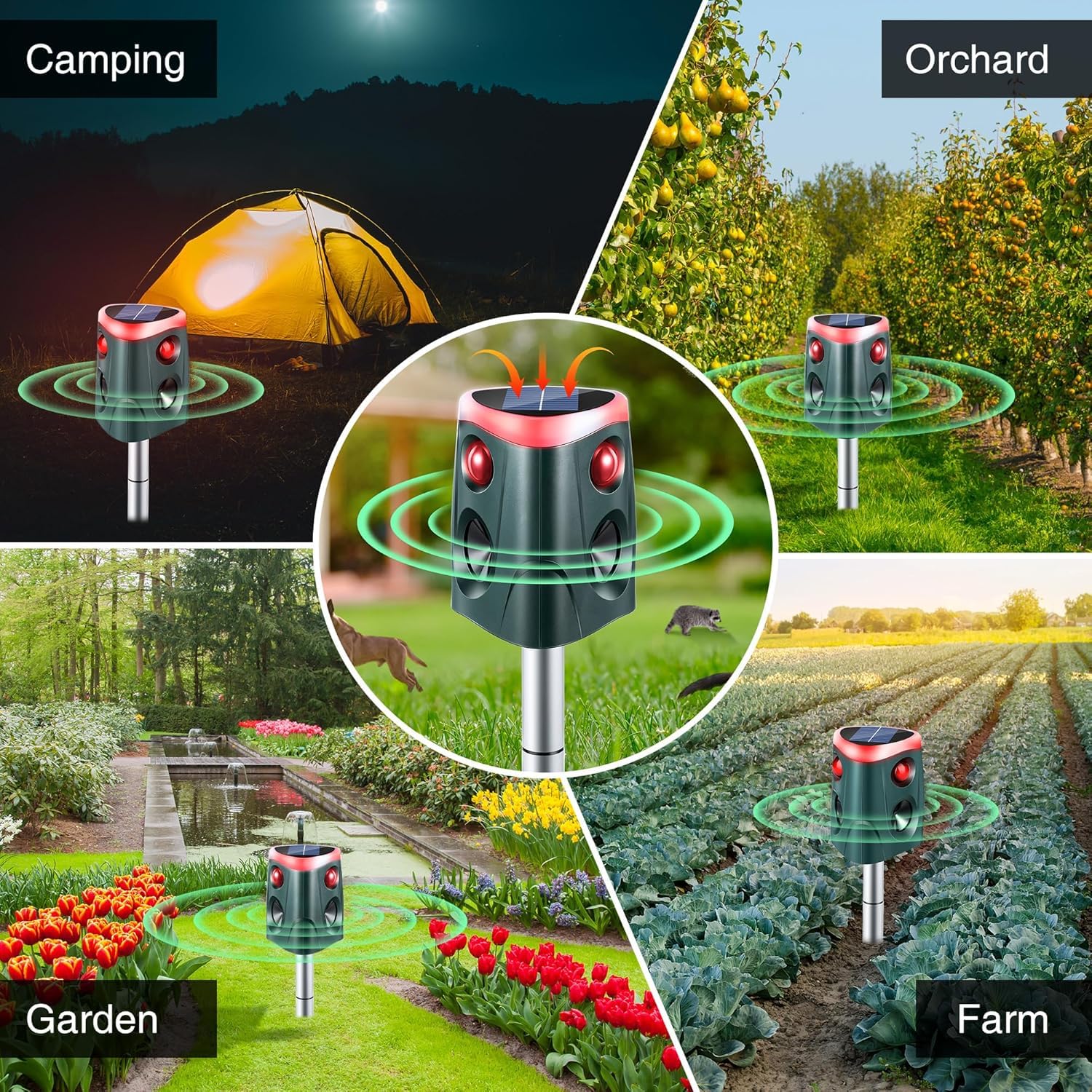 2X Repelente de Gatos 360 Grados - Ahuyentador Gatos con Energía Solar,Impermeable Ultrasonido IP55 en 4 Modos,Repelente al Aire Libre para Animales para/Ardillas/Mapaches/Perros