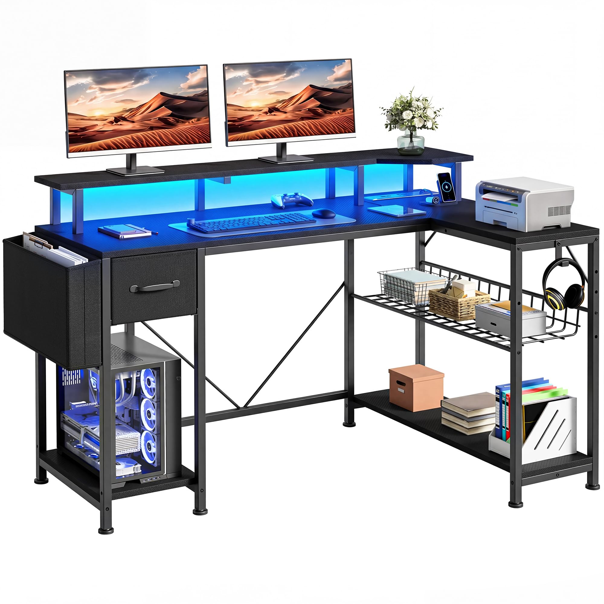 YITAHOME Computer Desk with Power Outlet LED Light 137cm Black