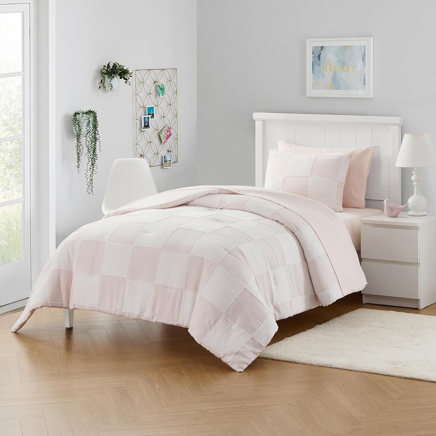 Kids Comforter Set Bedding Set Bed in a Bag for Boys and Girls Toddlers Printed Sheet Set and Comforter, Twin, Chenille Checkered Blush Pink