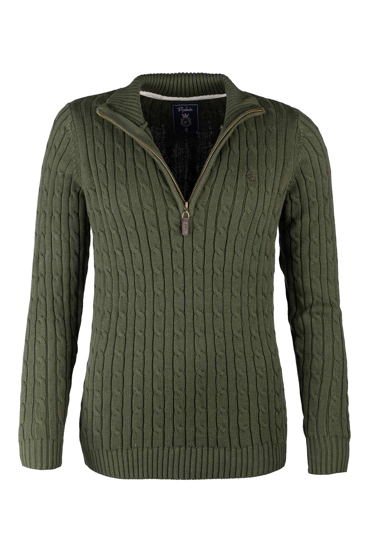 Rydale Women's Khaki Quarter Zip Cable Knit Jumper Chunky Knitted Sweater Long Sleeve Pullover Half Zip V Neck Jumpers (Uk, Numeric, 14, Regular, Regular, )