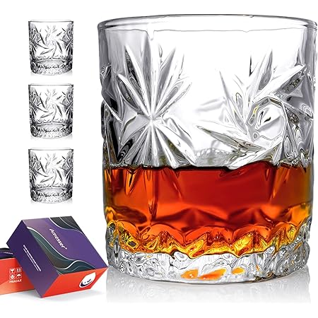 Amesser Whiskey Rocks Glasses Old Fashioned - 10 Ounce Gift Set of 4, Handblown Crystal Whisky Tumbler for Bourbon, Lagavulin scotch, Liquor, Irish, Vodka, Cognac, Loop, Clear (HW-S006)