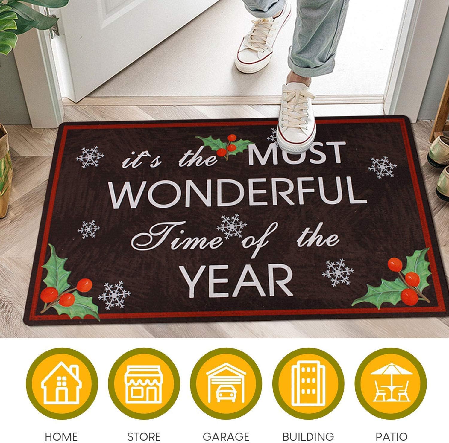 E-view Decorative Indoor/Outdoor Rubber Back Entry Way Doormat for Patio, Front Door, All Weather Exterior Doors Christmas Holiday Doormat (Color-Wonderful Time)