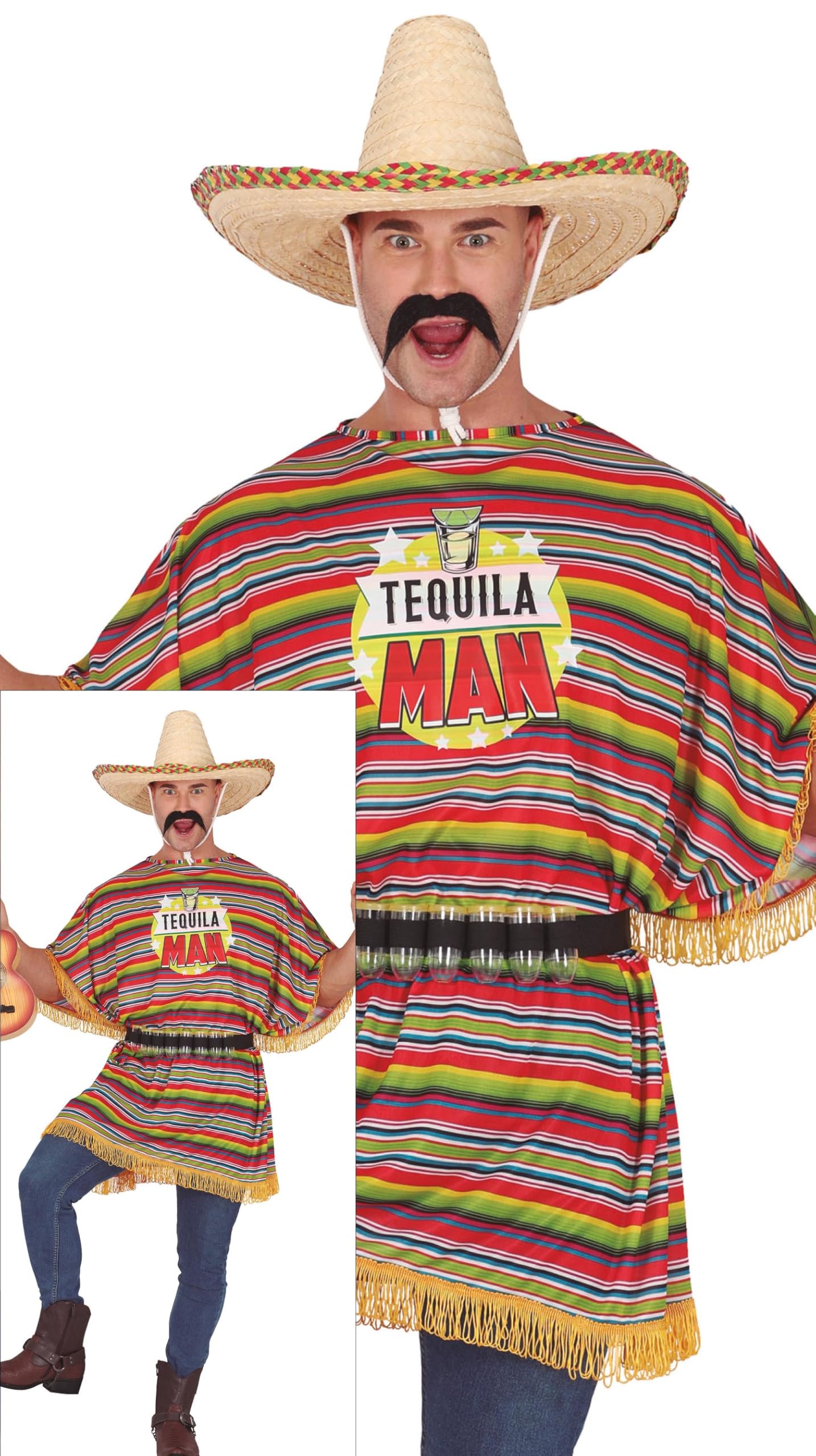 FIESTAS GUIRCA Tequila Man Fancy Dress Costume - Funny Mens Costume with Poncho - Mexican Bachelor Party Stag Do Fancy Dress Men Size L