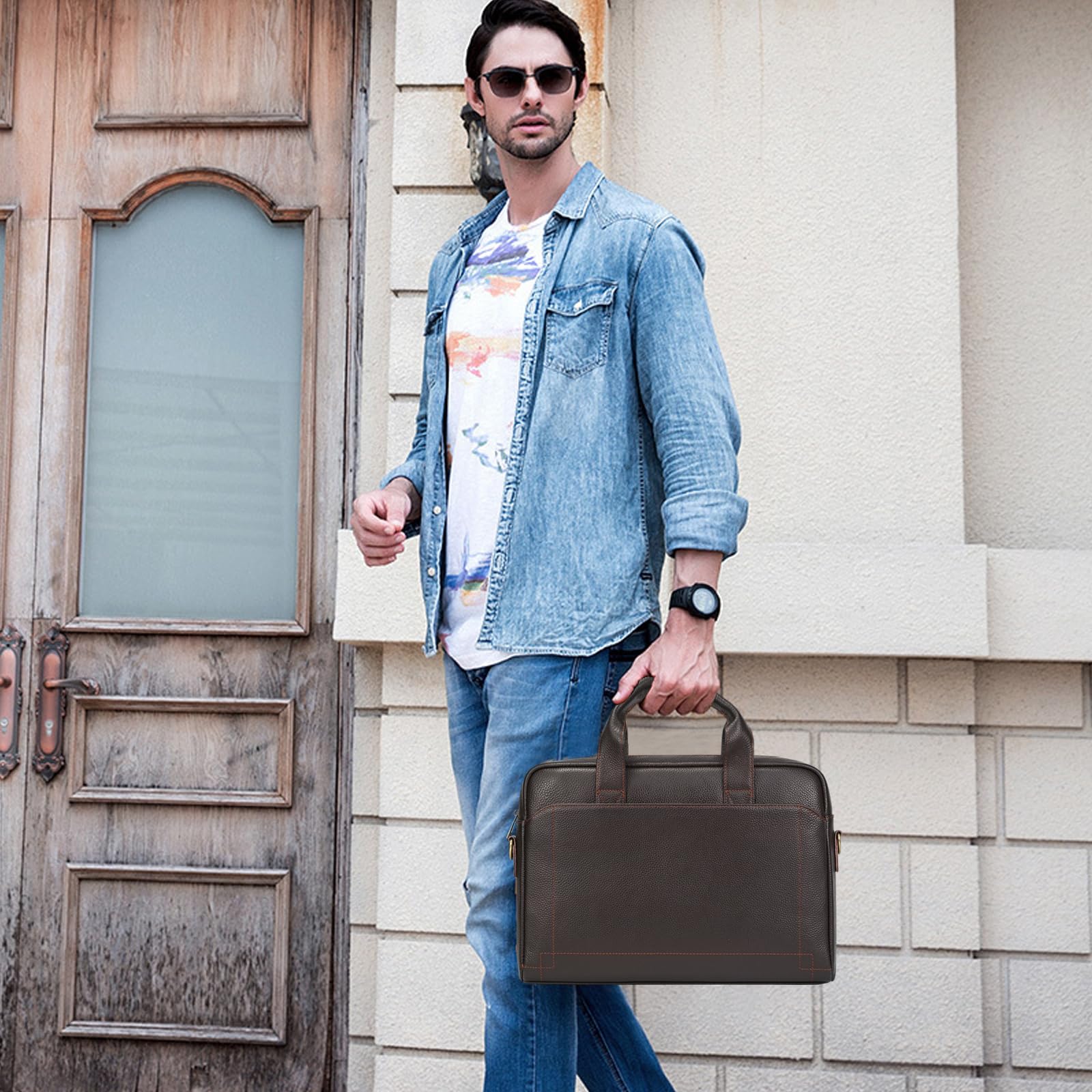 Sac Business Mallette homme Cartable Sacs Business en Cuir Véritable 14 Pouces Porte Document Sac à Bandoulière d'affaires, 3315 Marron