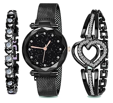 Rishtey Branded Analogue Diamond Studded Black Dial Magnet Watch with Gift Bracelet for Women or Girls and Watch for Girl or Women (Combo of 3)