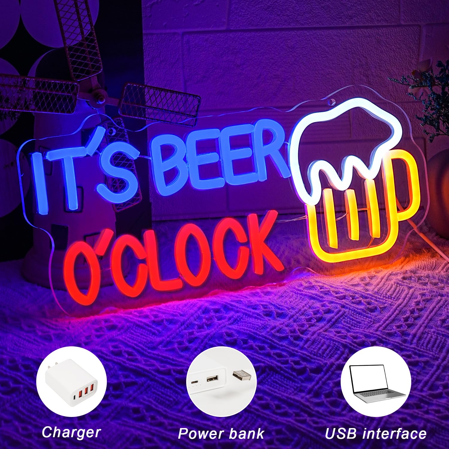 LMSIGNLY It's Beer O'Clock Neon Sign for Wall Decor Beer Neon light Dimmable USB Beer LED Sign Neon Beer Signs for Man Cave Garage Patio Home BAR Pub Nightclub Restaurant Decor - Image 4