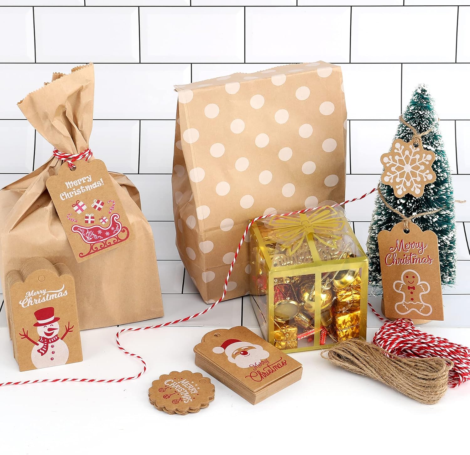 120 Pcs Kraft Paper Christmas Gift Tags in 12 Patterns with "to and from" Writing Backside Design , Xmas Gift Tags with 98 Feet Twine for DIY Xmas Holiday Present,Decor Christmas Gift,