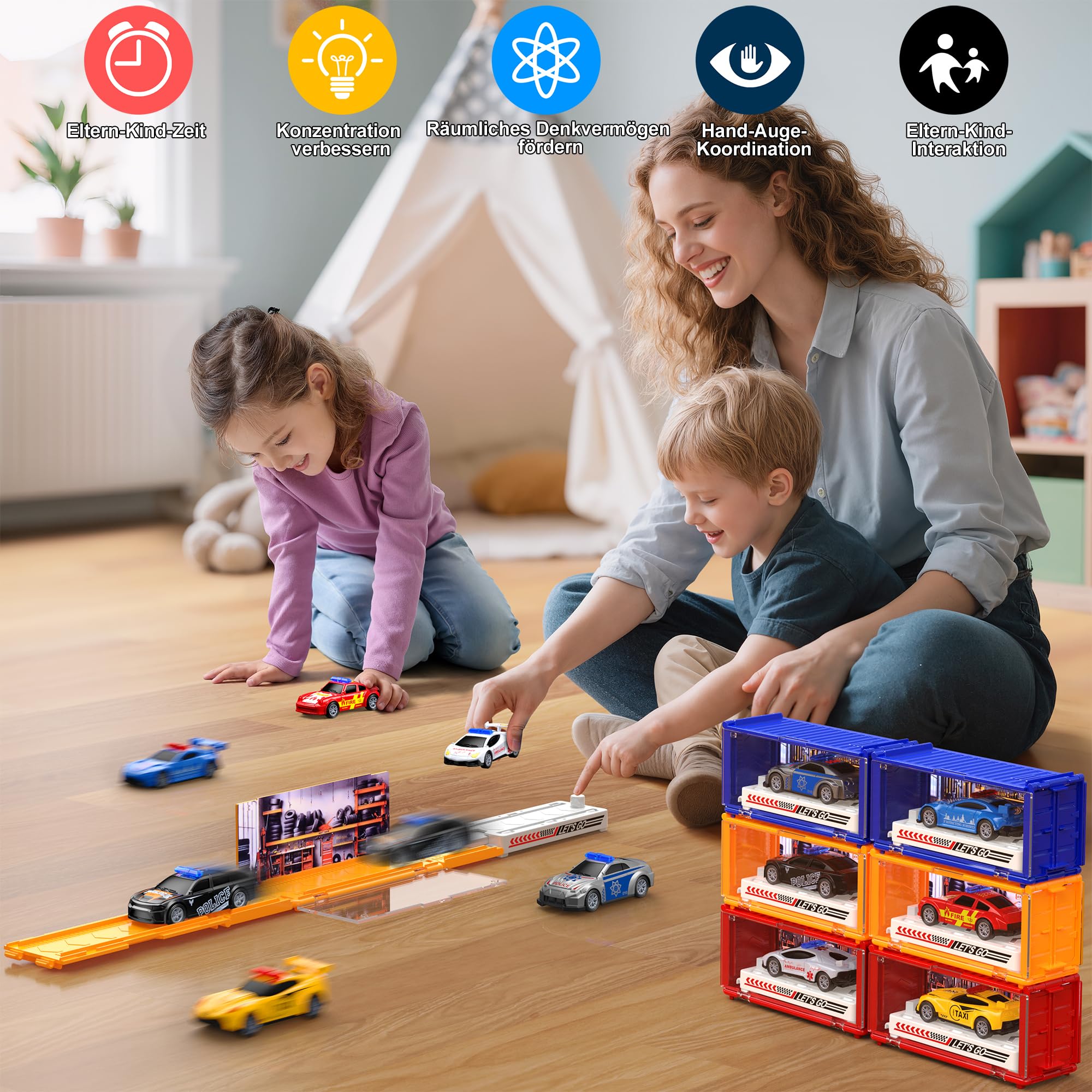 Set di giocattoli per auto, auto giocattolo in metallo con pista e garage, piccole auto per bambini dai 3 anni in su, regalo di compleanno per ragazzi e ragazze