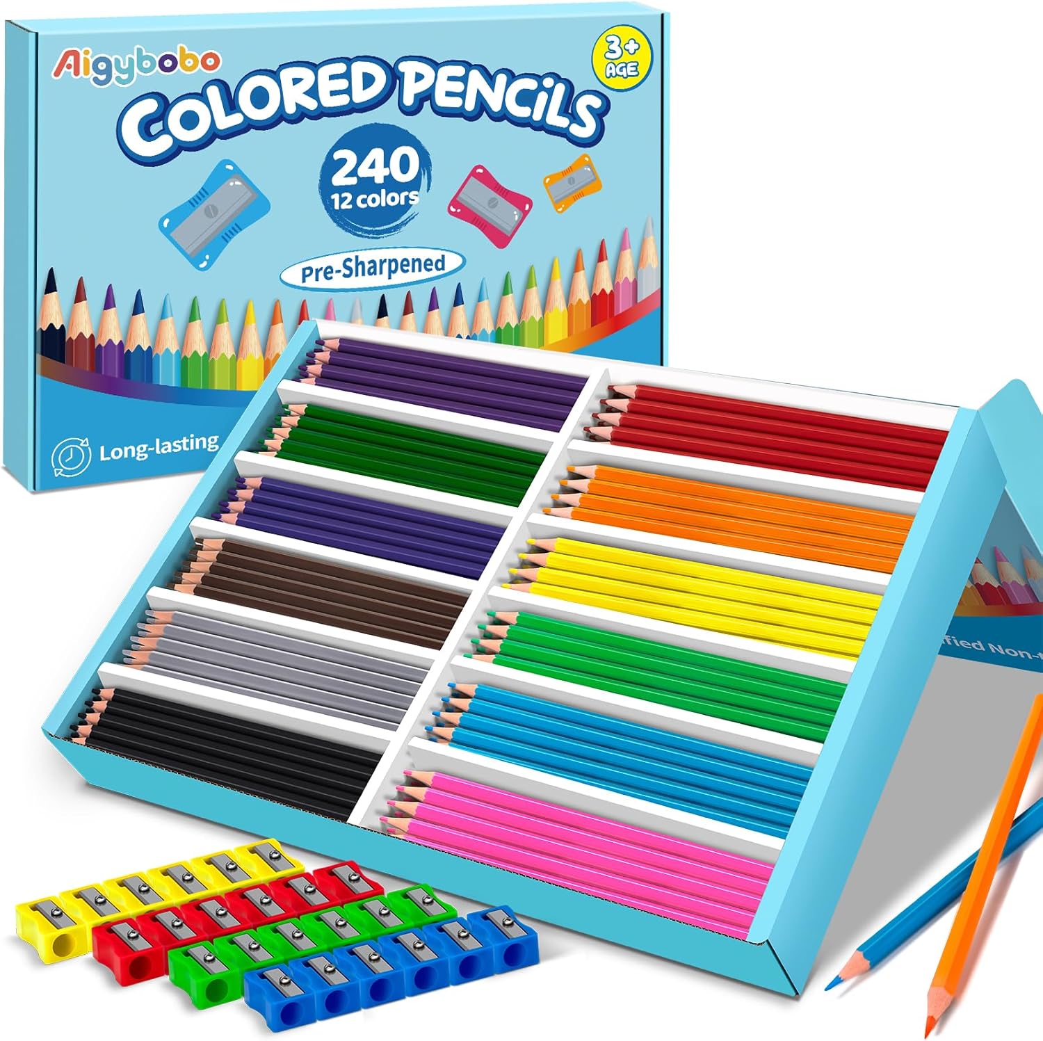 240 Count Colored Pencils Bulk for Classrrom, Color Pencils for Kids in 12 Vibrant Colors, Pre-sharpened Coloring Pencils Set Plus 24 Sharpeners, Bulk Pack Colored Pencils for Back to School Supplies