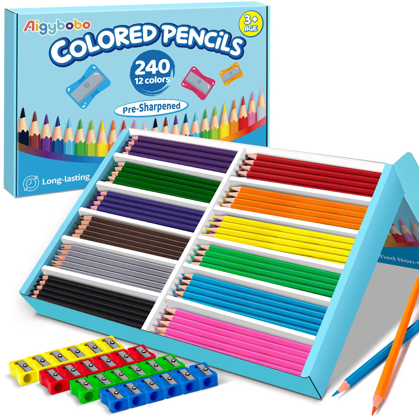240 Count Colored Pencils Bulk for Classrrom, Color Pencils for Kids in 12 Vibrant Colors, Pre-sharpened Coloring Pencils Set Plus 24 Sharpeners, Bulk Pack Colored Pencils for Back to School Supplies