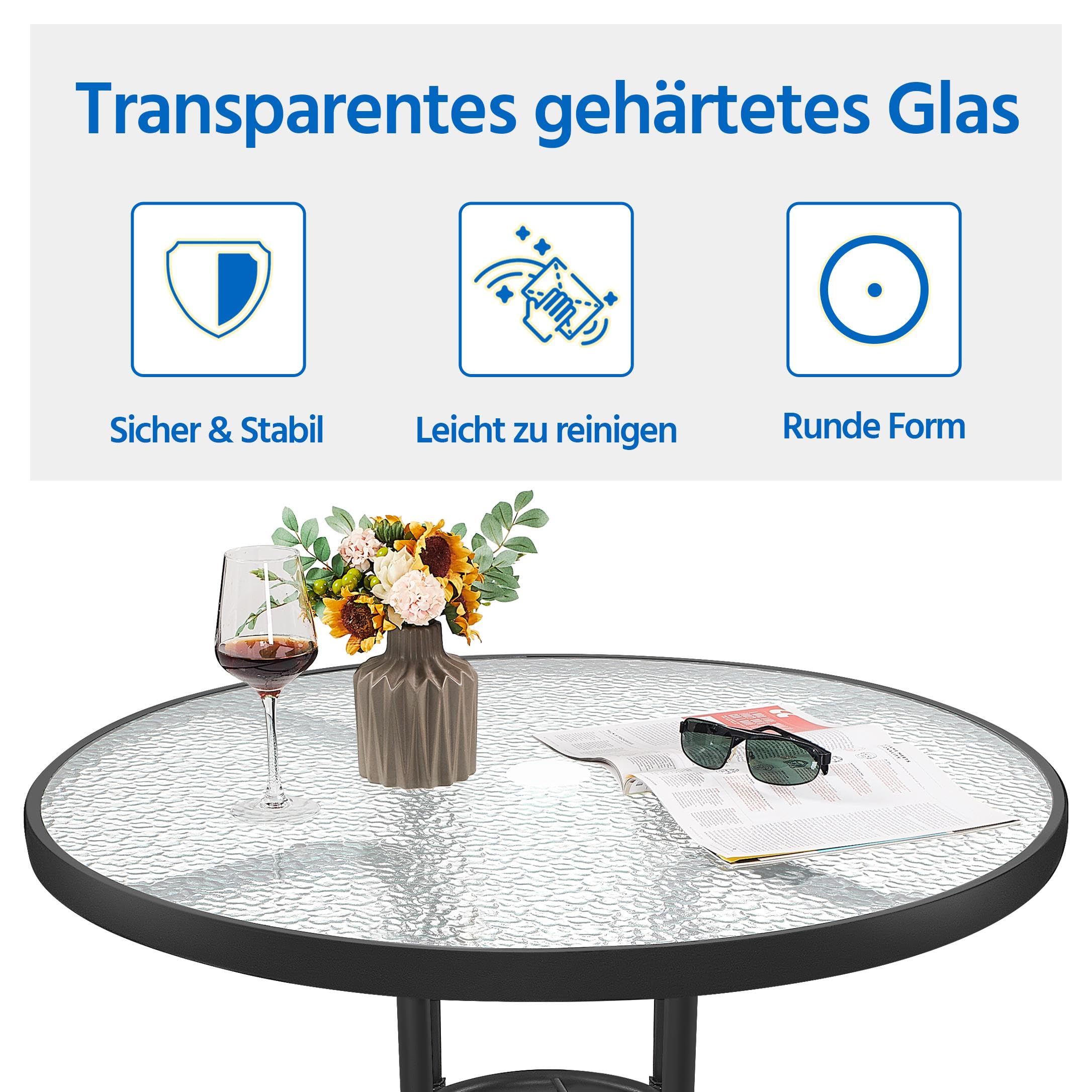Yaheetech Ø70 cm Gartentisch Bistrotischrund Glastisch, Pflegeleichter Balkontisch mit Schirmloch & Glasplatte Terrassentisch Kaffeetisch Terrassentisch aus Metall für Garten/Balkon/Terrasse, Schwarz