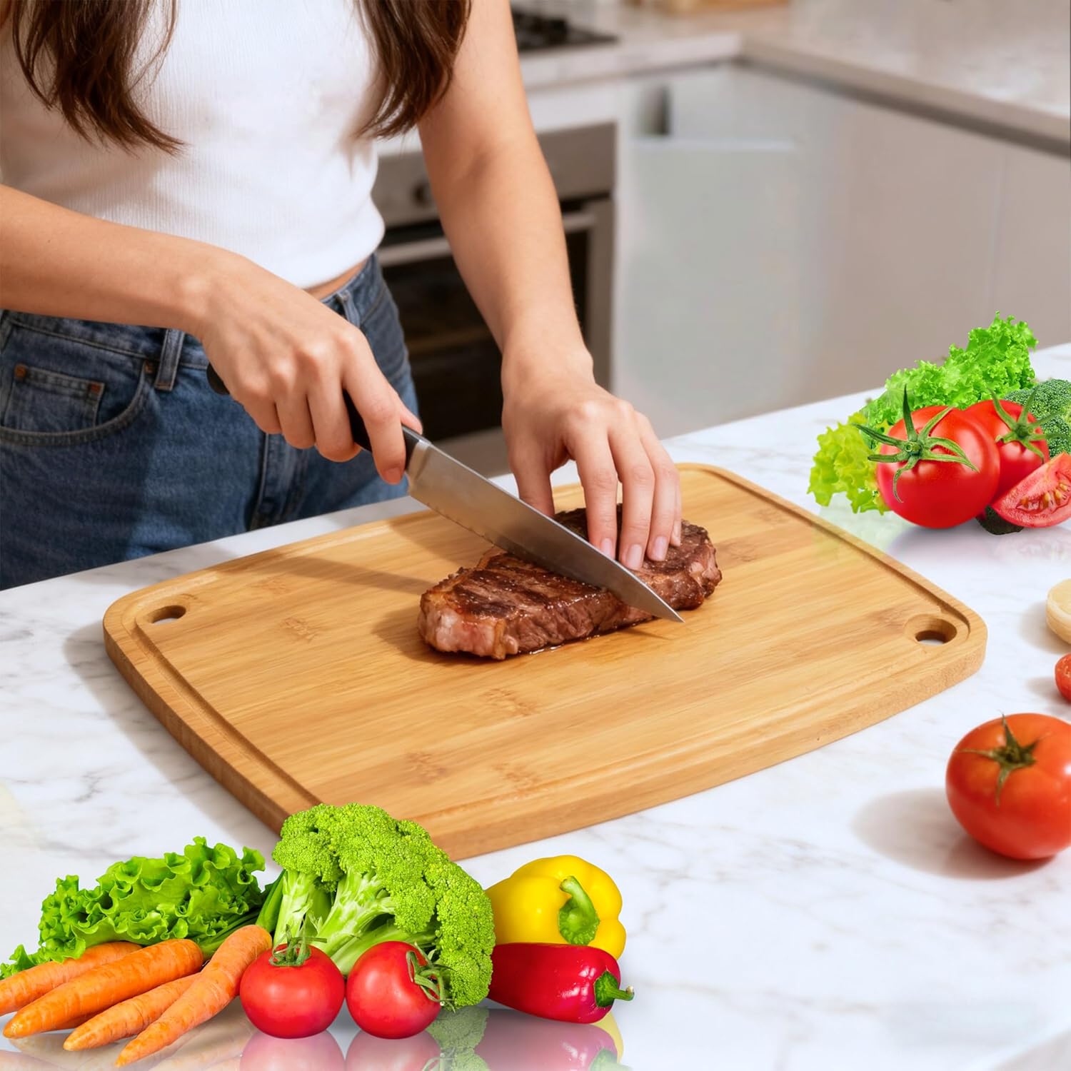 Premium Dual Sided Bamboo Cutting Board with Juice Groove – Reversible, Easy-to-Clean Wooden Chopping Board for Kitchens, Ideal for Home Cooking and Food Prep.