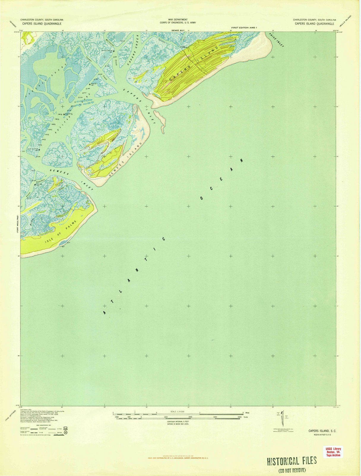 1943 Capers Island, SC - South Carolina - USGS Historical Topographic Map : 44in x 59in, Large Wall Art Map