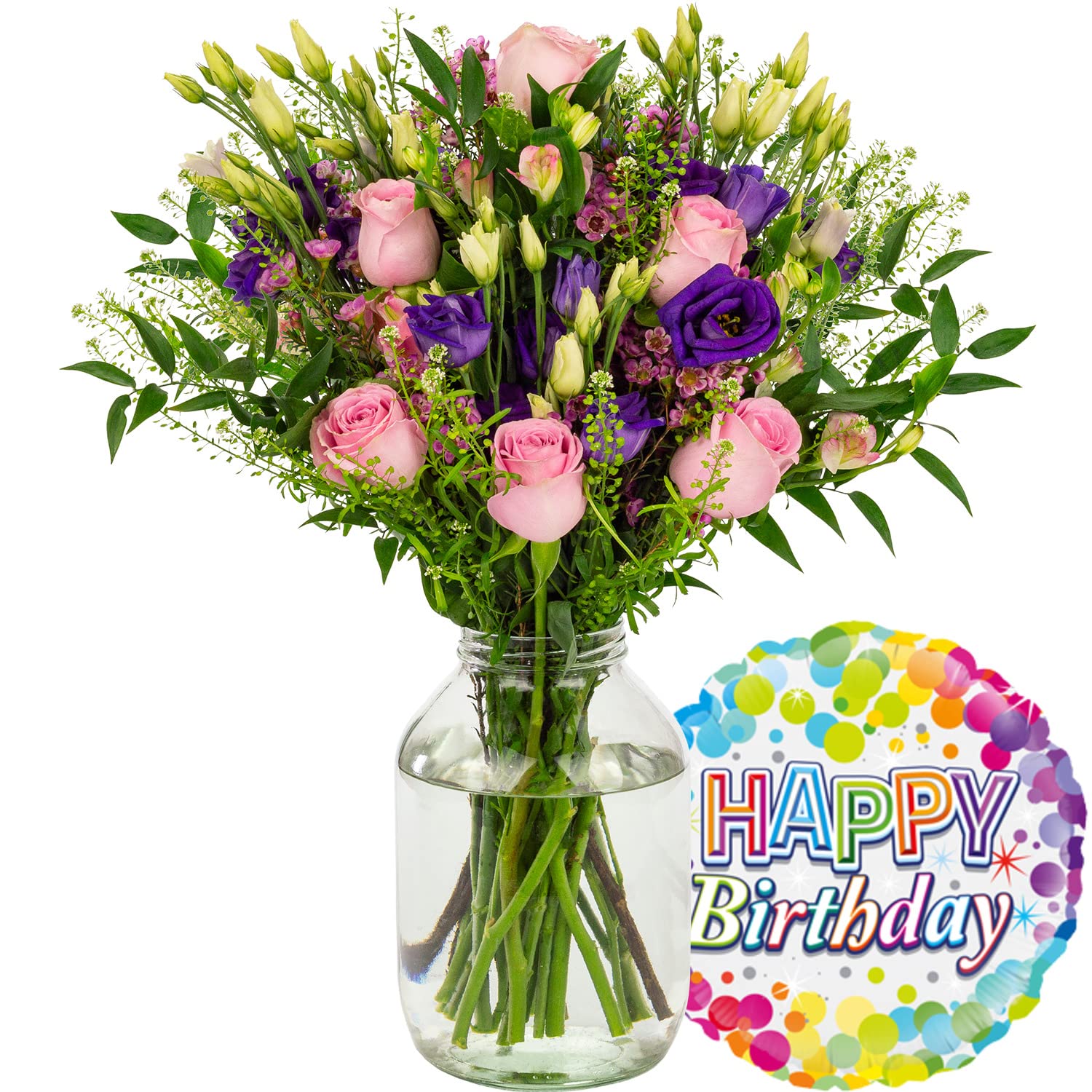 InterBloom | The Paradise - Next Day Large Rose and Lisianthus Beautiful Fresh Flower Bouquet with a Birthday Balloon