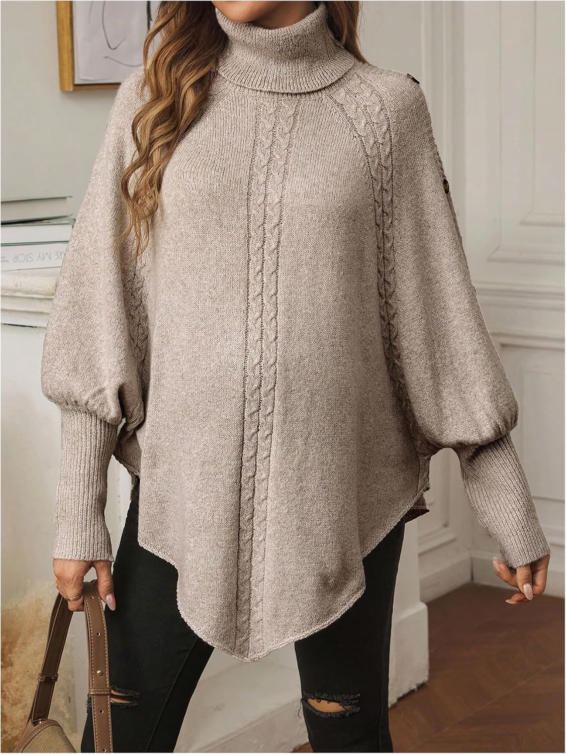 MakeMeChic Women's Maternity Poncho Sweater Turtleneck Asymmetrical Long Sleeve Pullovers