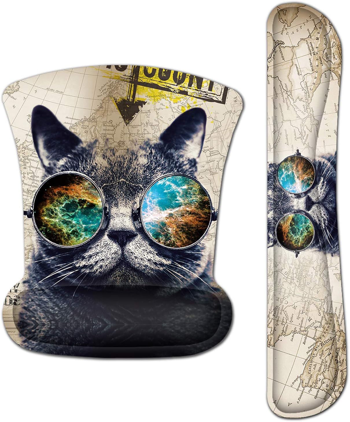 Mouse Pad Wrist Support & Gaming Keyboard Wrist Pad Combo Set – Durable Ergonomic Anti Slip Non-Slip Square Base Rest Support - Cool Cat