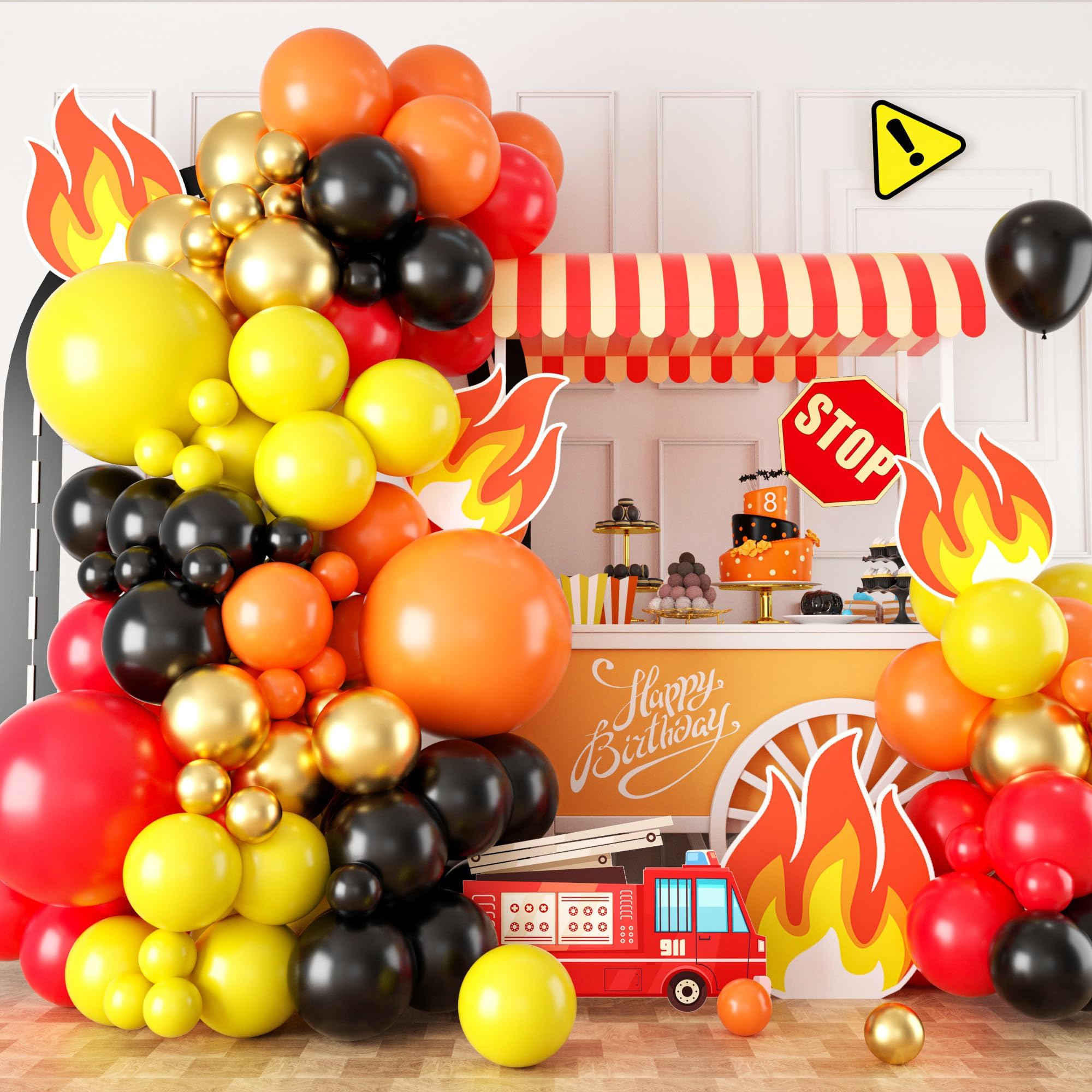 Red Yellow Black Balloon Arch, Fire Truck Balloon Garland for Firefighter Birthday Party Decorations, Fire Truck Theme Yellow and Orange Balloon Arch