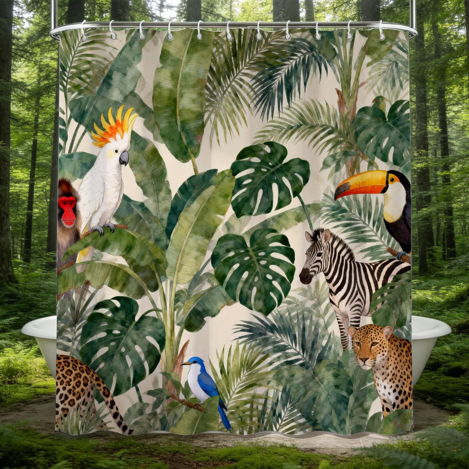 Hongduo 3D Rainforest Animals Shower Curtain for Stalls Bathtubs Cartoon Bathroom Decor Shower Curtain Set Polyester Fabric Waterproof 180x180cm/71X71 Inch with Hooks