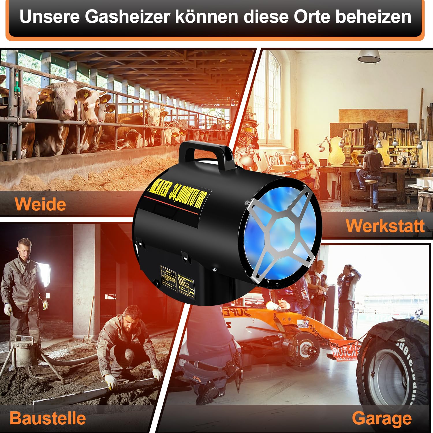 Ikodm Gasheizung für innenräume, 10KW 220V Gasheizgerät Gasheizer Gasheizgebläse Propangasheizgebläse 320 m³/h Luftdurchsatz, mit 1,2m Gasschlauch und 700 mbar Druckminderventil