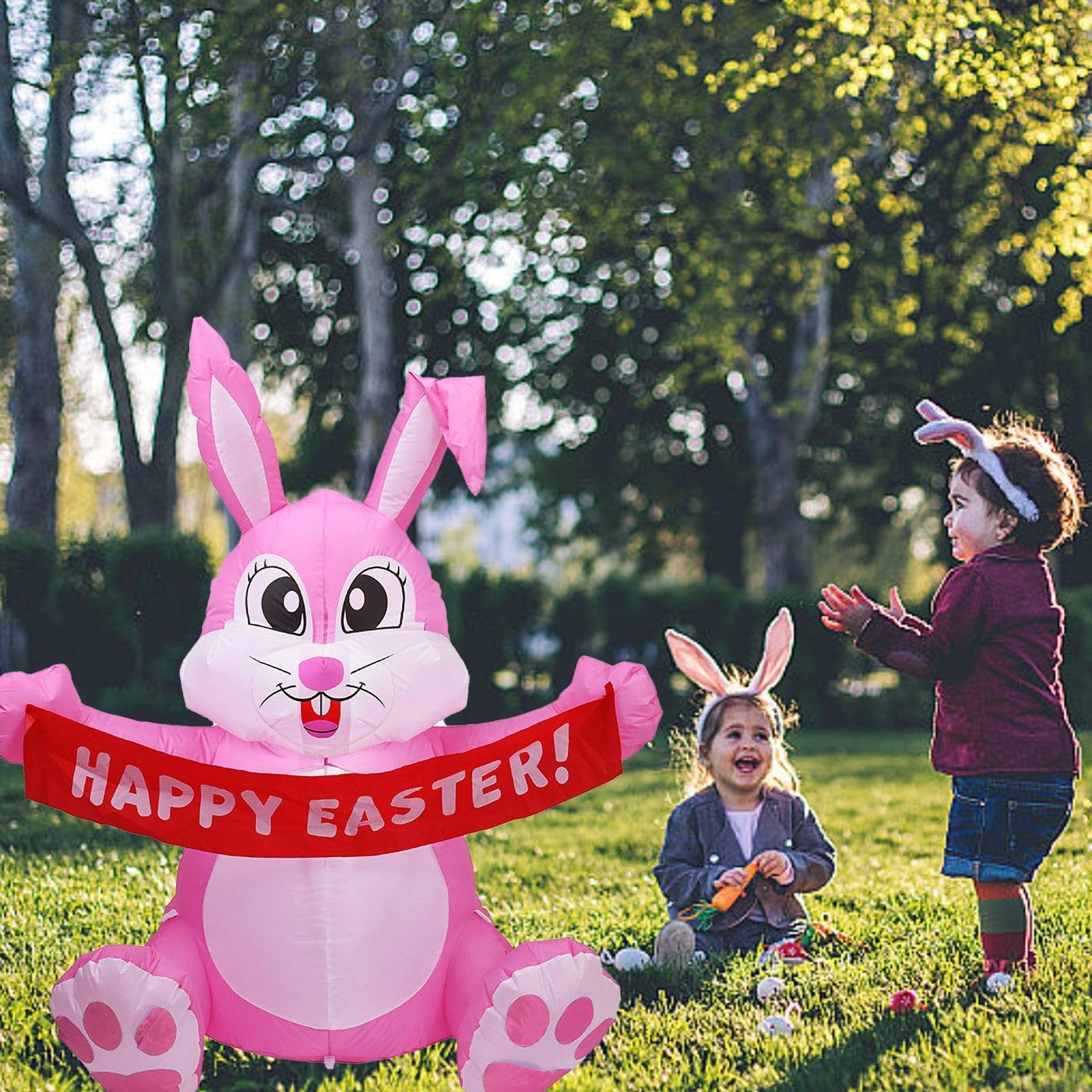 Generisch Niedlicher aufblasbarer Osterhase mit Banner, riesiger rosa Hase für Urlaub, Party, Innen- und Außenbereich, 1,5 m