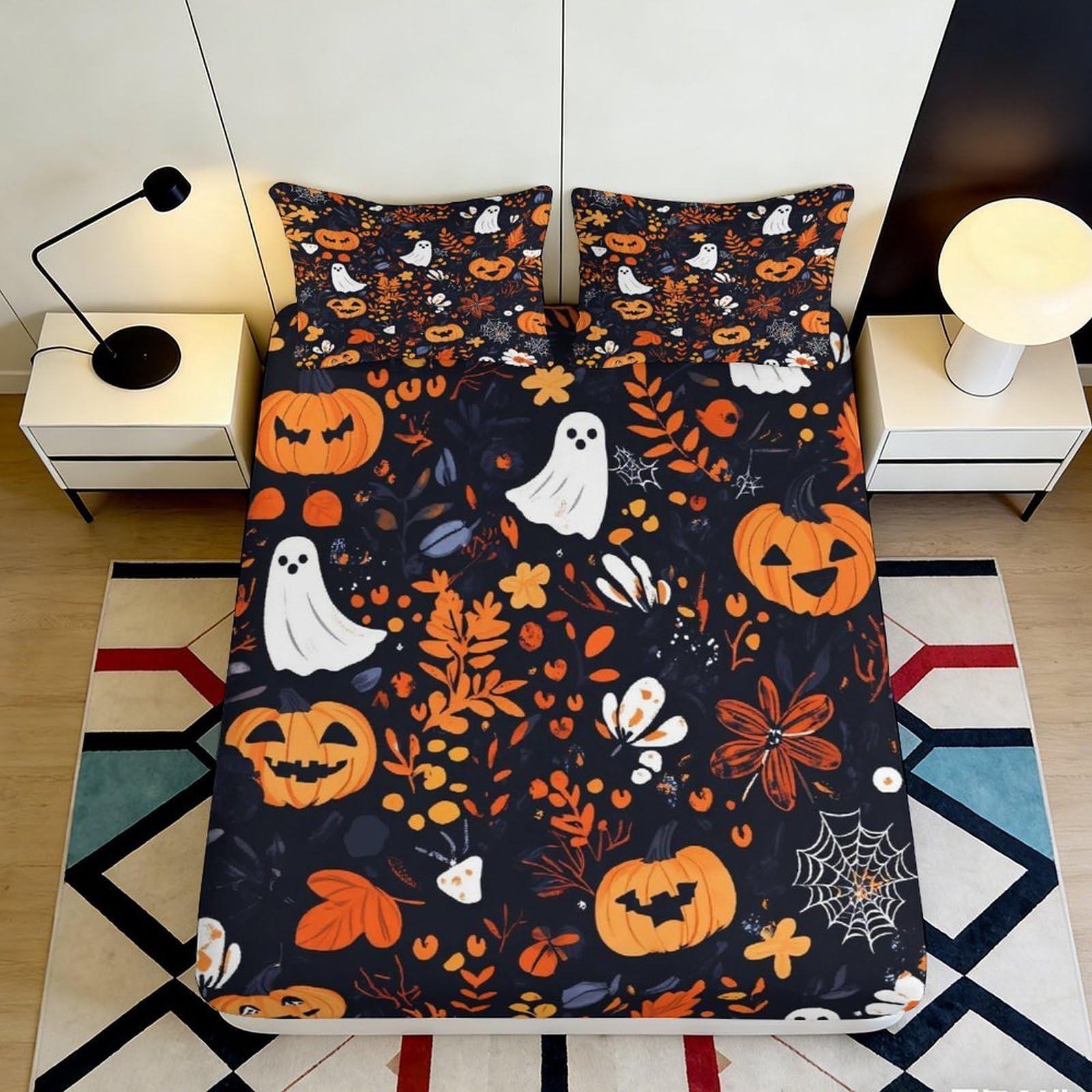 3D Printed Halloween Pumpkin Fitted Sheet Microfiber Soft Breathable Ghost Mattress Cover for Bedroom Dorm Easy Care 140x200x25cm