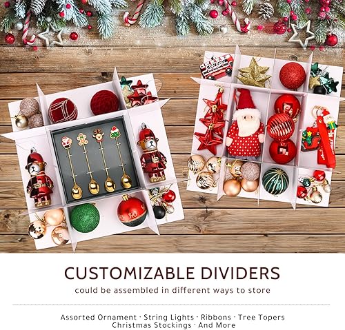 Miniatura 5 de Caja de almacenamiento para adornos de Navidad, almacena hasta 128 adornos navideños, contenedor de almacenamiento de Navidad con bolsillo lateral,