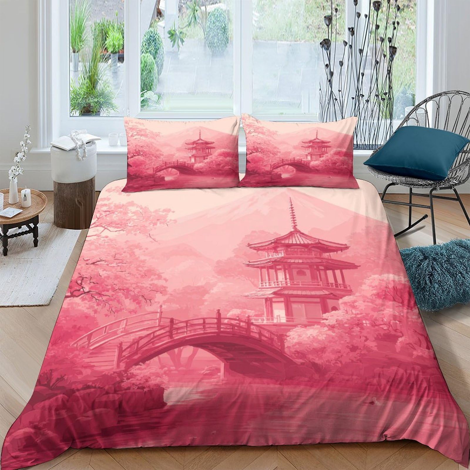 Ctjqhvkz Style-10 3D Printed Pink Japanese Pagoda Fitted Sheet Microfiber Soft Oriental Bridge Mattress Cover For Bedroom Decor Dorm Single（135X200cm）