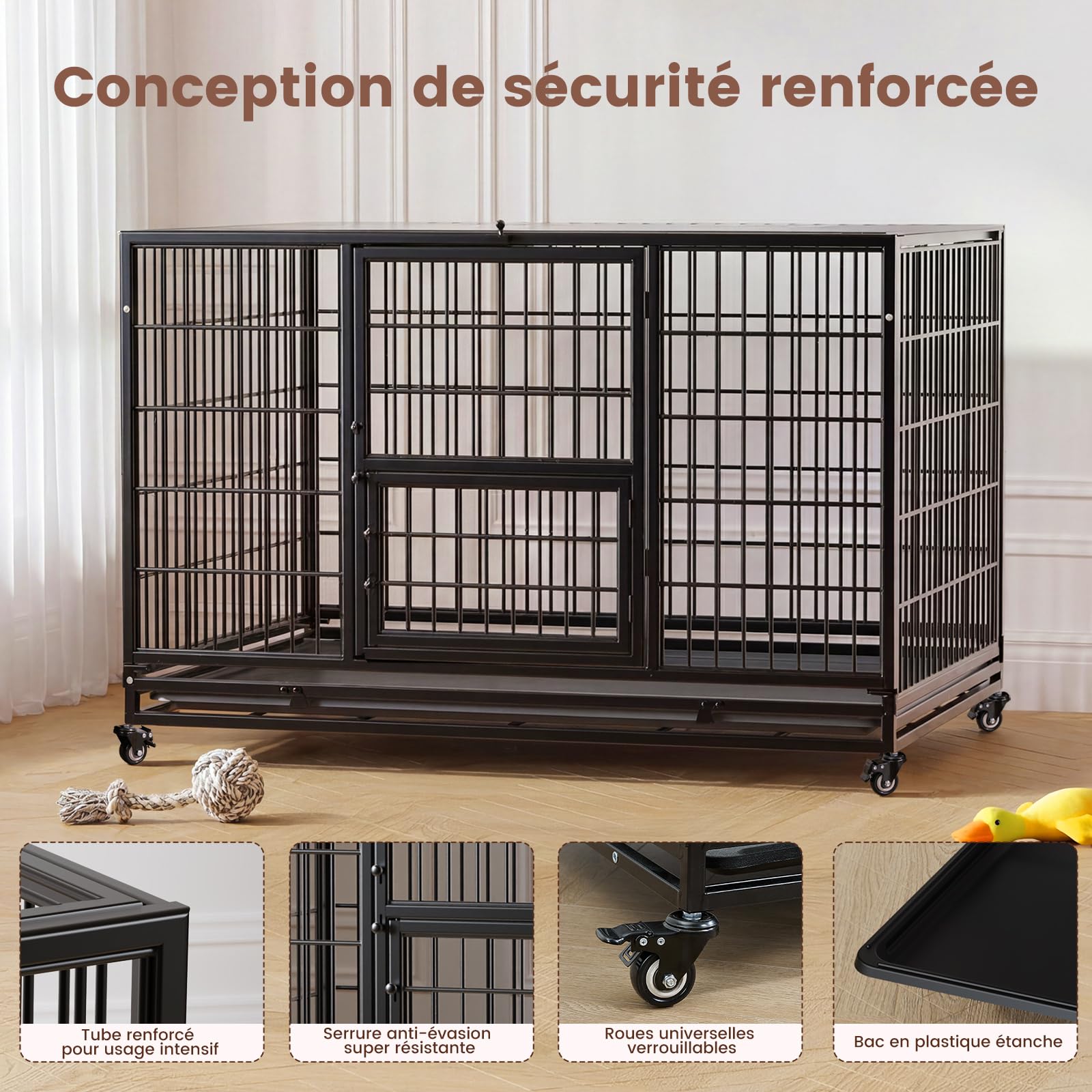 Gardner Pet Cage pour Chien Lourd Taille XL 111x75.5x75cm Anti-Évasion avec Plateau 3 Portes Amovibles Roulettes Verrouillables Noir